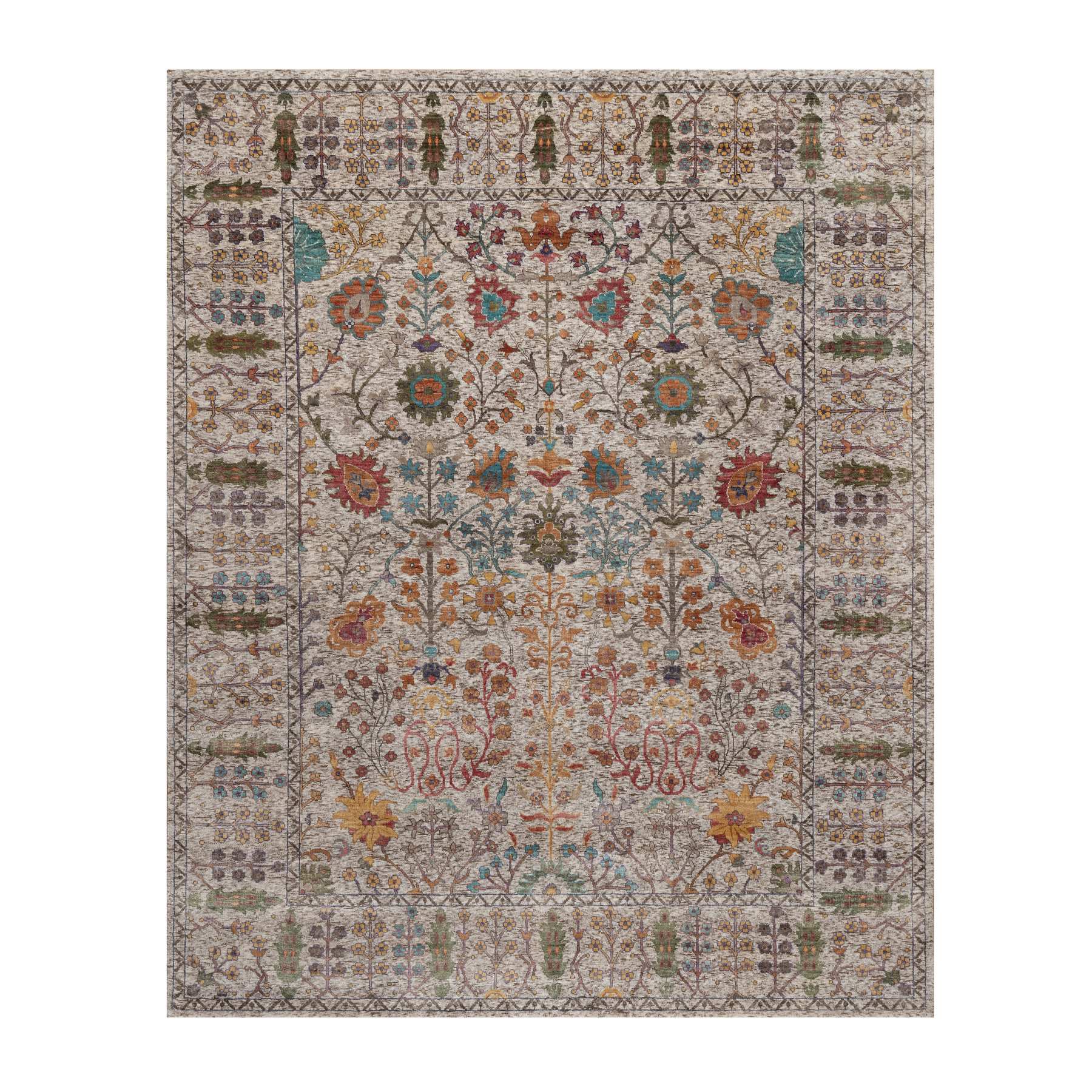 8'x10' Pearl White, Hand Knotted, Directional Vase Design, Silk with Textured Wool, Oriental Rug 